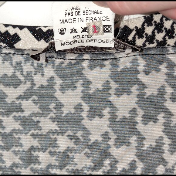 Shimmery JUS D'ORANGE Paris Size S Multi Houndstooth Faux Wrap Stretch Blouse - Picture 5 of 5